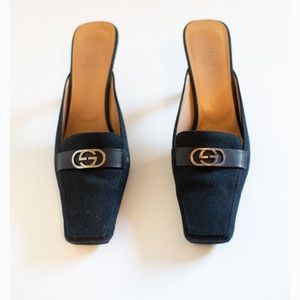 GUCCI Black Canvas + Leather Square Toe Heel-Silver GG Metal Monogram Size 10